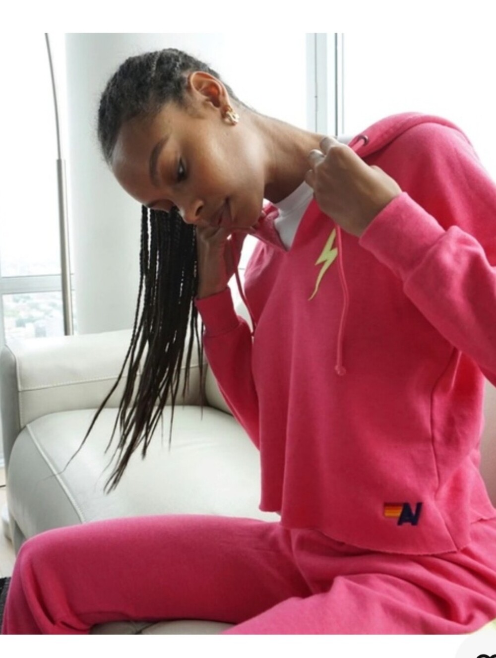 Aviator Nation XS Bolt Stitch Split Neck Pullover Crop Hoodie Hot Pink